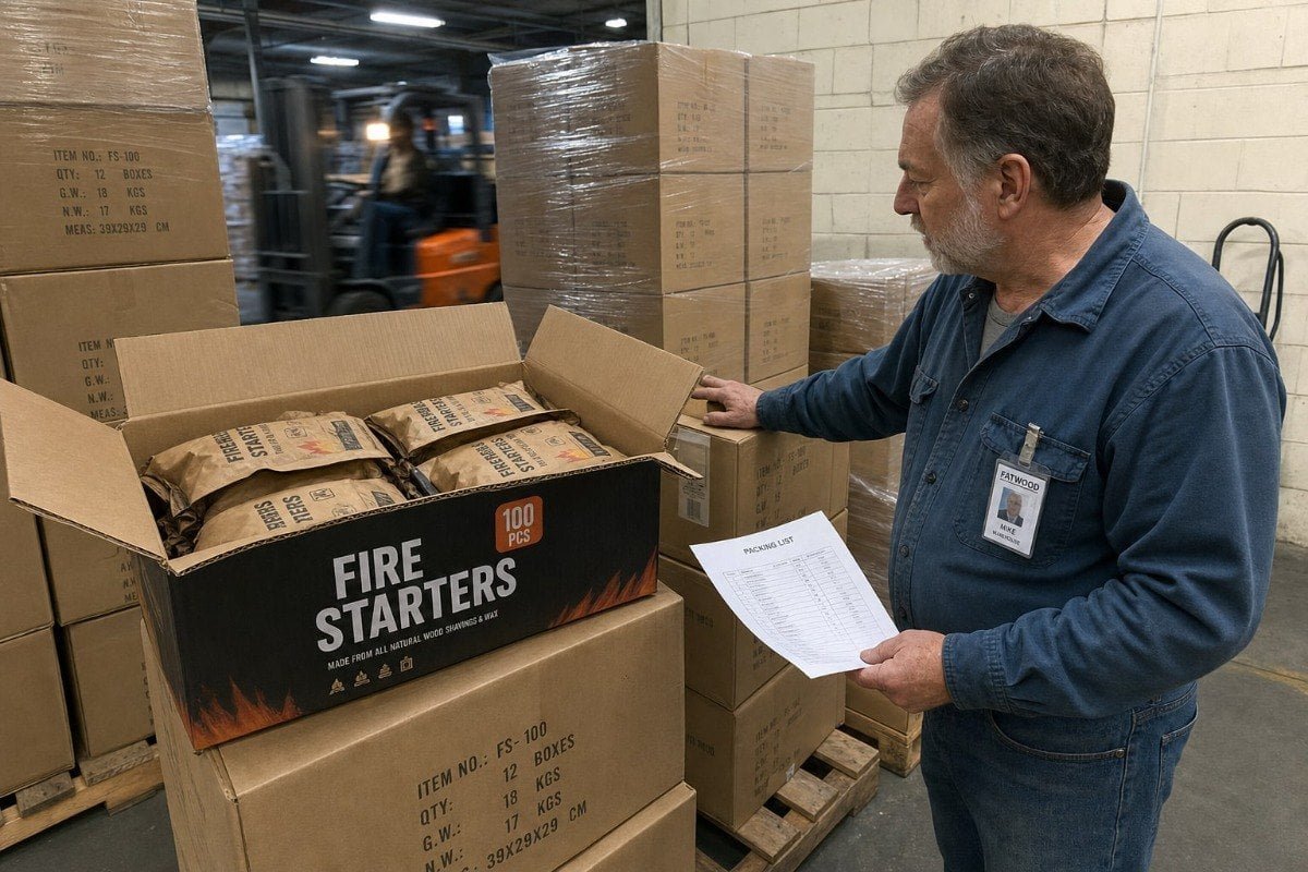 Packaging and Order Quantities Warehouse workers inspect printed cartons and pallets for fire starter packaging quantities (ID#4)