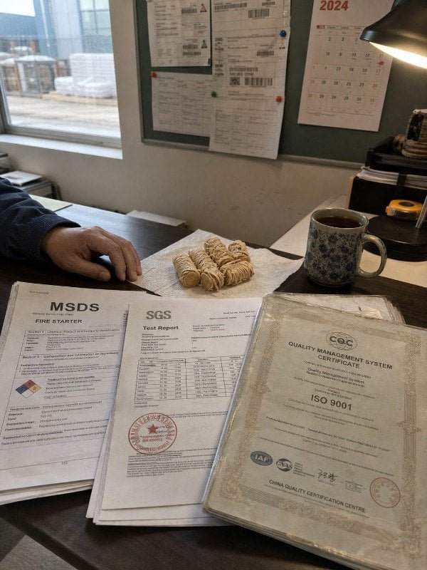 Certifications and Safety Standards Office desk documents outline certifications and safety standards for wood fire starters (ID#5)