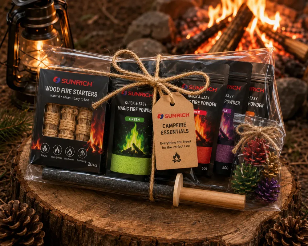 Campfire accessory bundle with fire starters and color flame packets