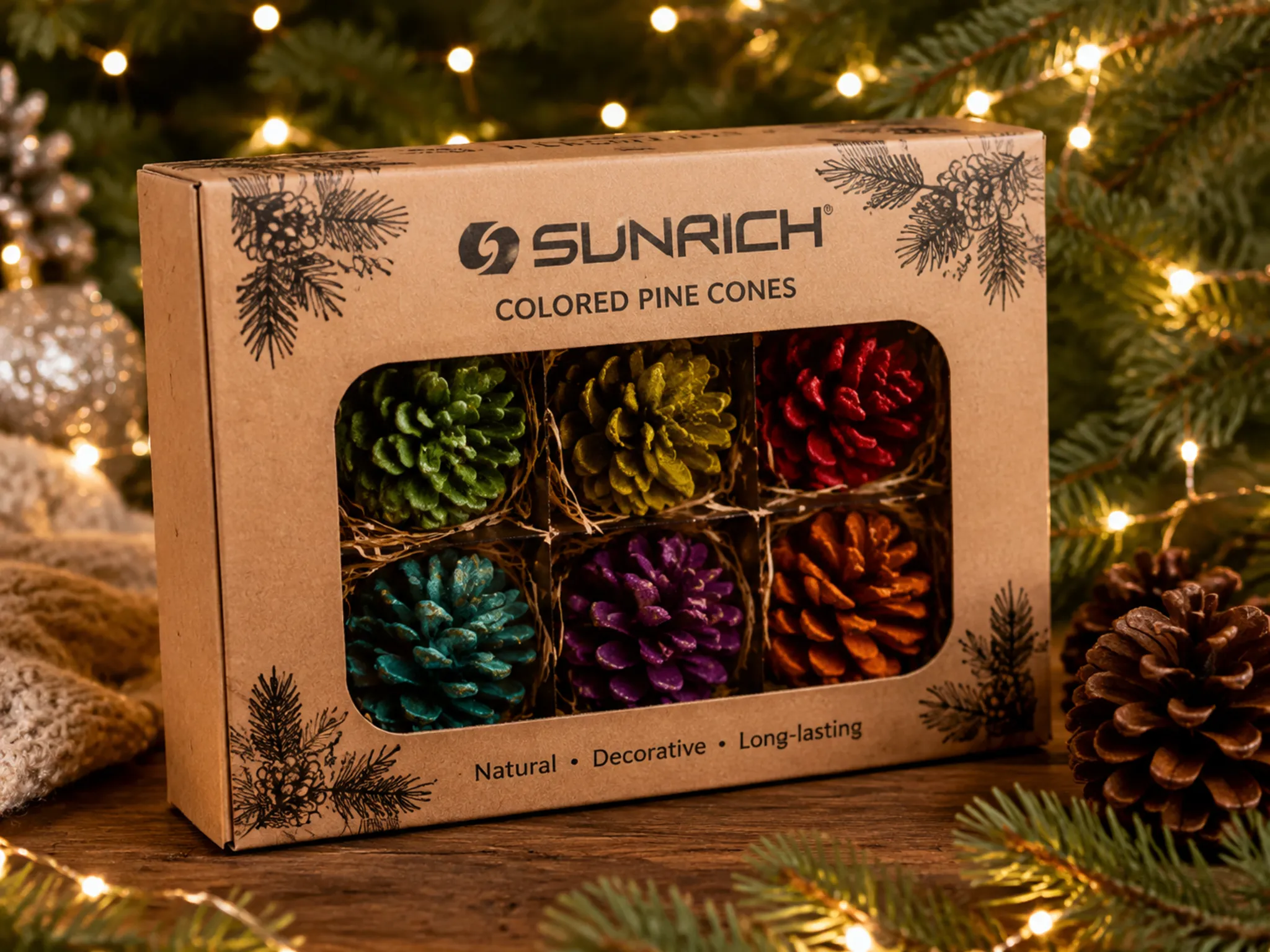 Colored pine cones gift packaging