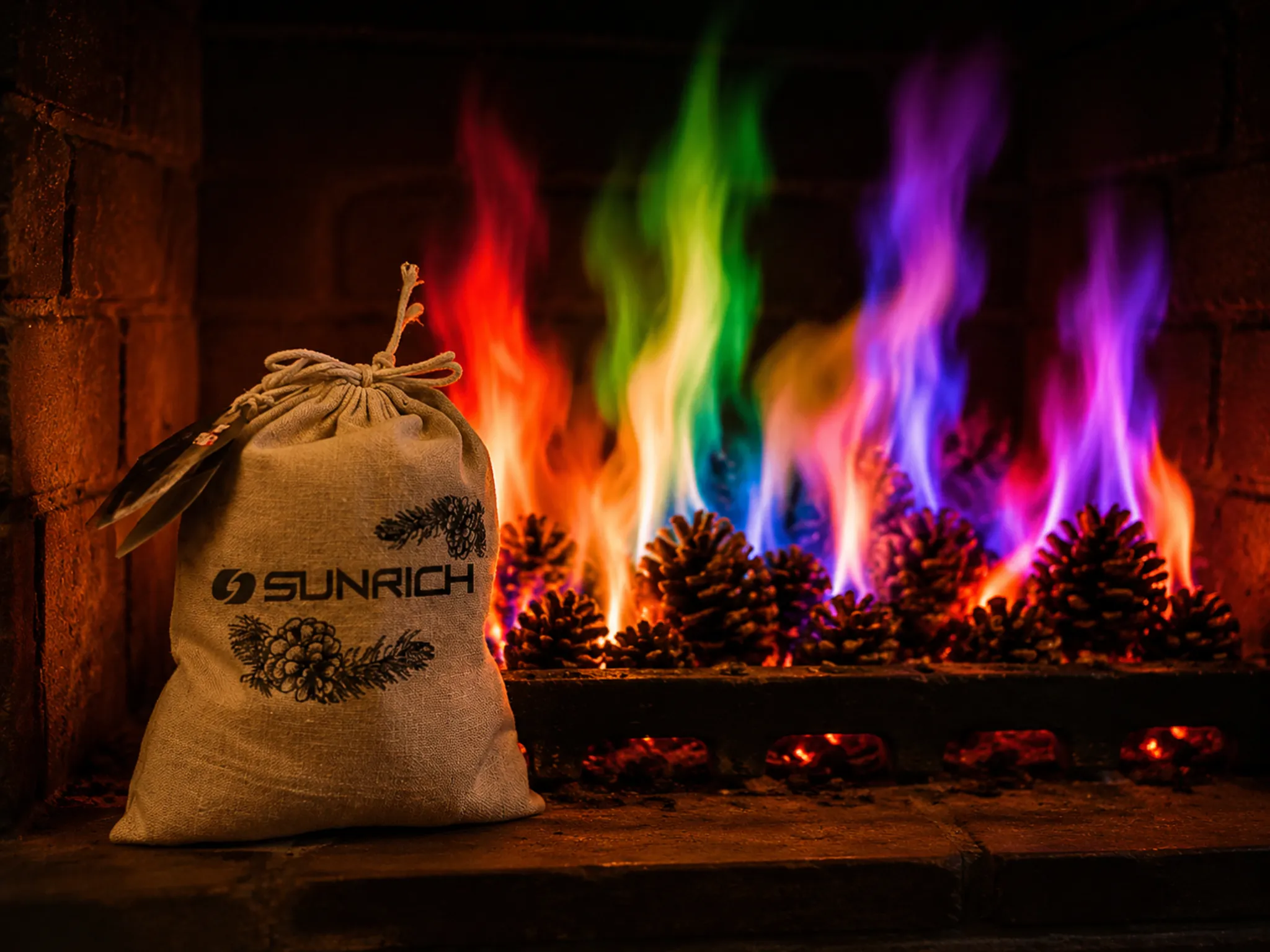 Color pine cones creating colorful flames