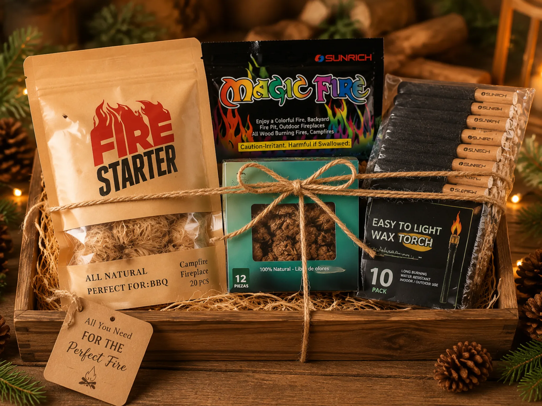 Fire pit accessory bundle with fire starters and color flame packets