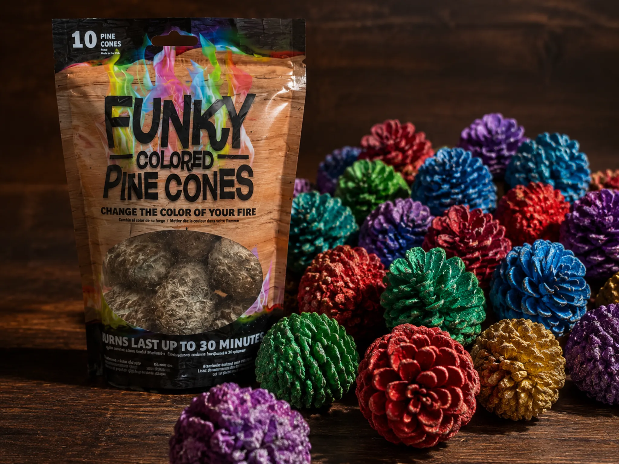 Color pine cones for fire pit accessories