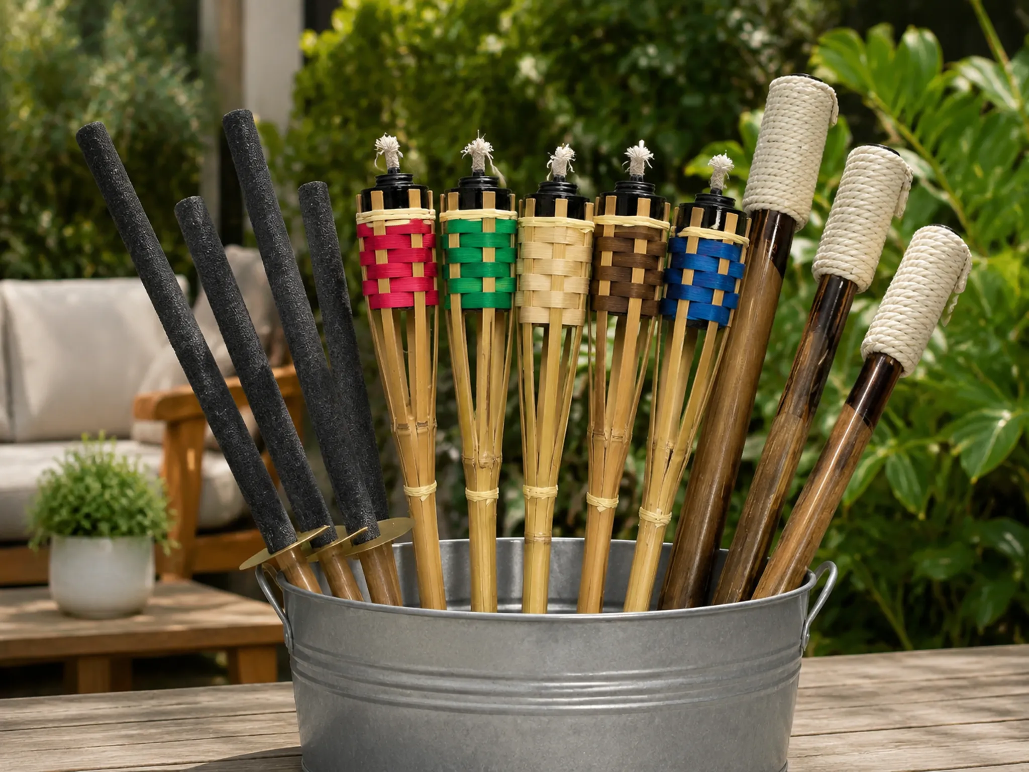 Wax torches for outdoor fire pit areas