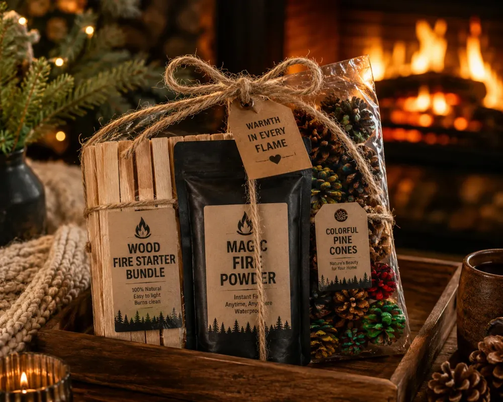 Fireplace accessory bundle with fire starters and colored fire packets