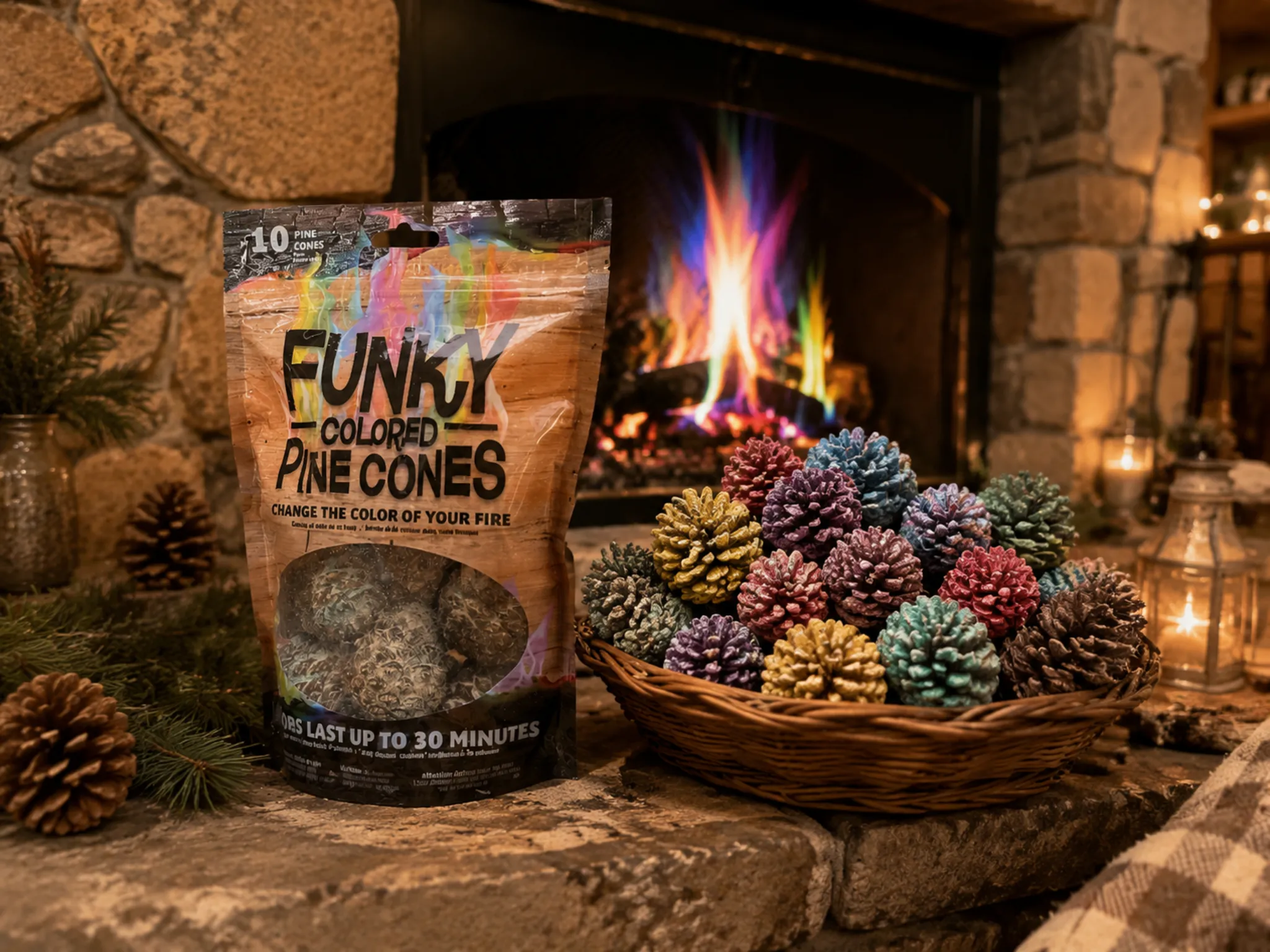 Color pine cones for fireplace accessories