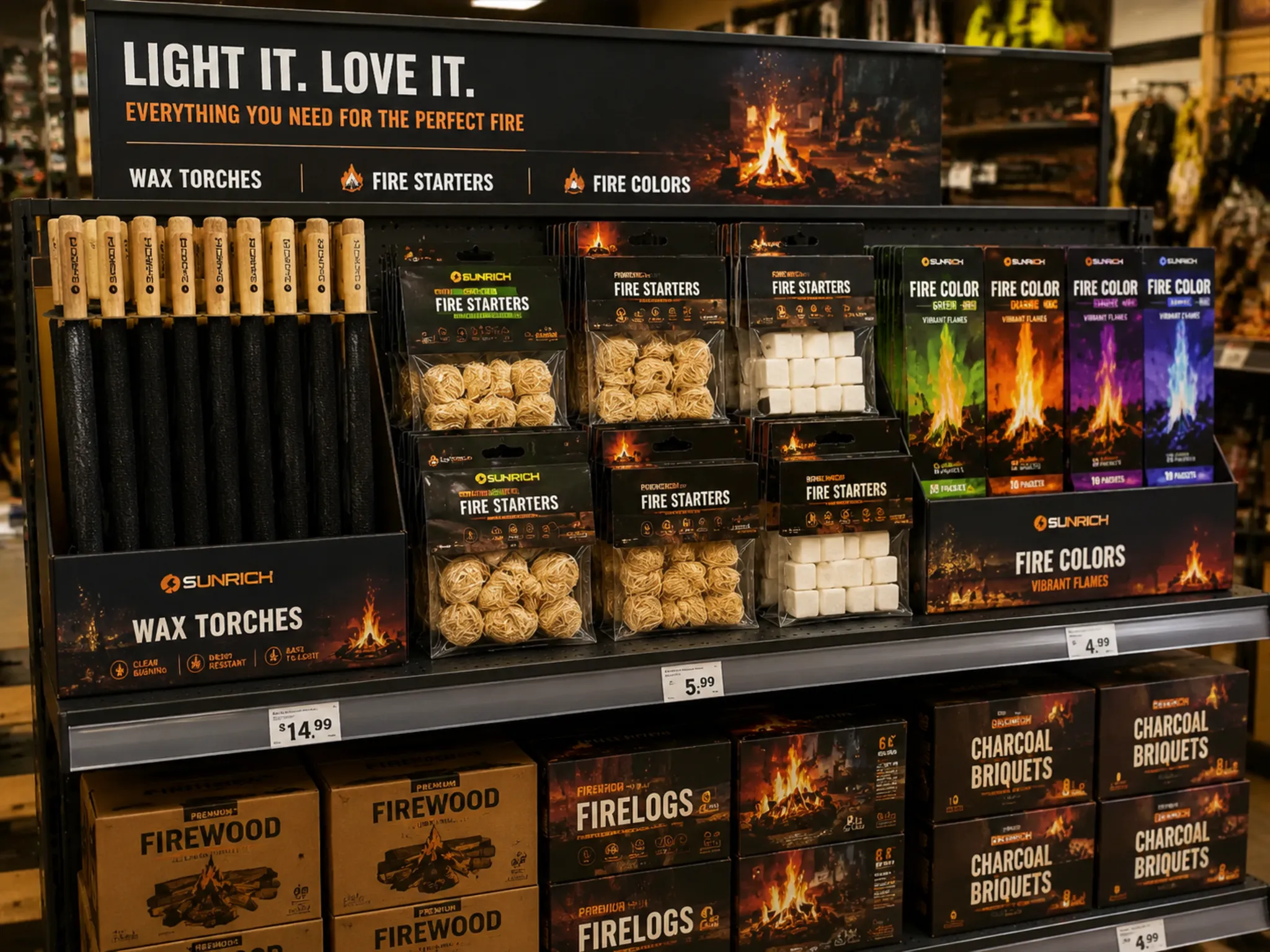 Outdoor fire products with wax torches