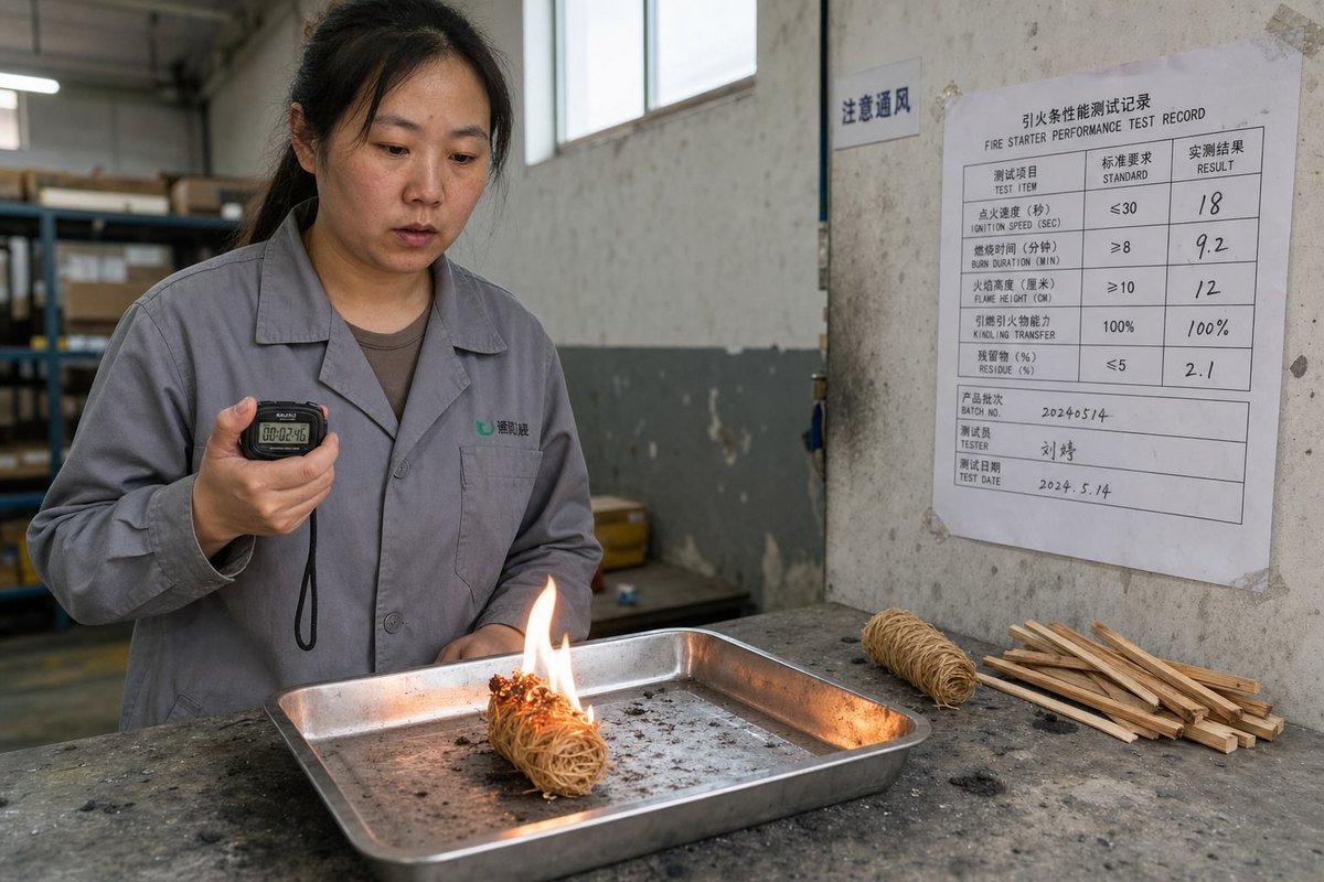 Burning Performance Metrics Checking ignition speed, burn time, flame height, and ash residue for wood fire starters (ID#2)