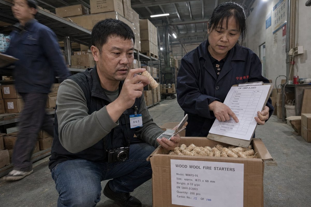 Trusted Inspection Agencies Accredited agencies like SGS and Intertek inspecting wood fire starter shipments (ID#2)