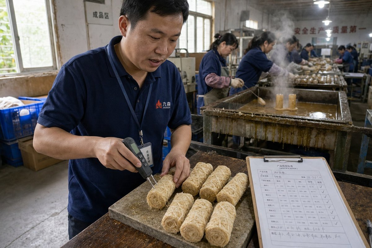 Checking wood wool specification, moisture content, and wax coating consistency during inspection (ID#2)