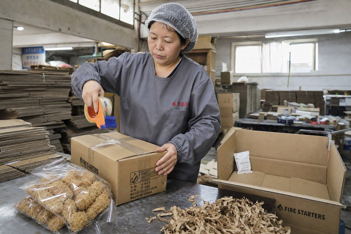 Ocean Freight Packaging Materials Layered water-resistant packaging materials protecting wood fire starters during ocean freight transit (ID#2)