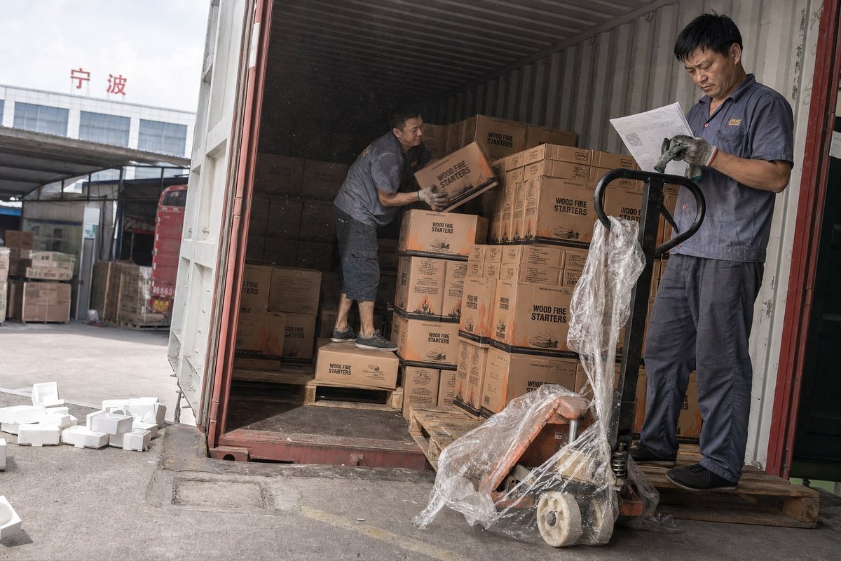 Container Loading Optimization Optimized container loading strategy maximizing space for wood fire starter shipments (ID#3)