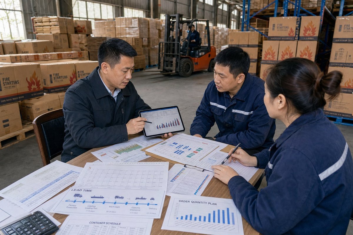 China Import Lead Times Typical 60–90 day lead time importing wood fire starters from China (ID#3)