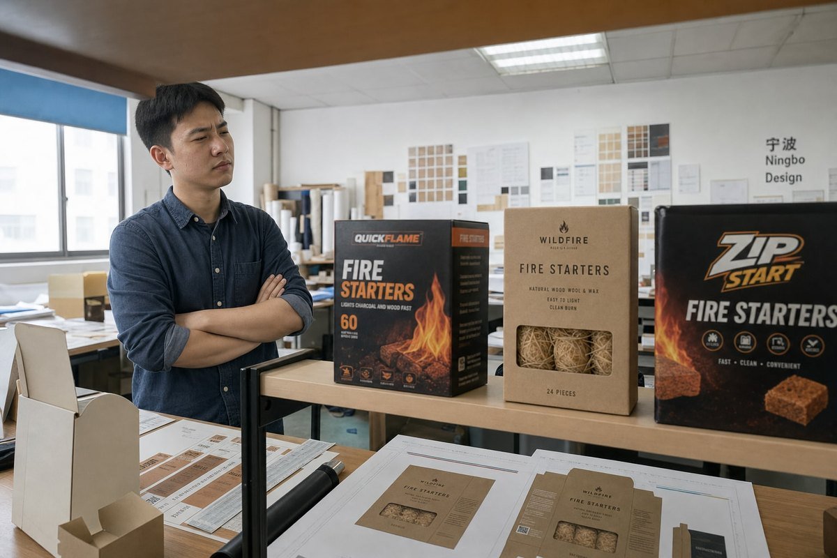 Custom Branding and Labeling Custom branding with earth-tone palette and clean typography for wood fire starter labels (ID#3)