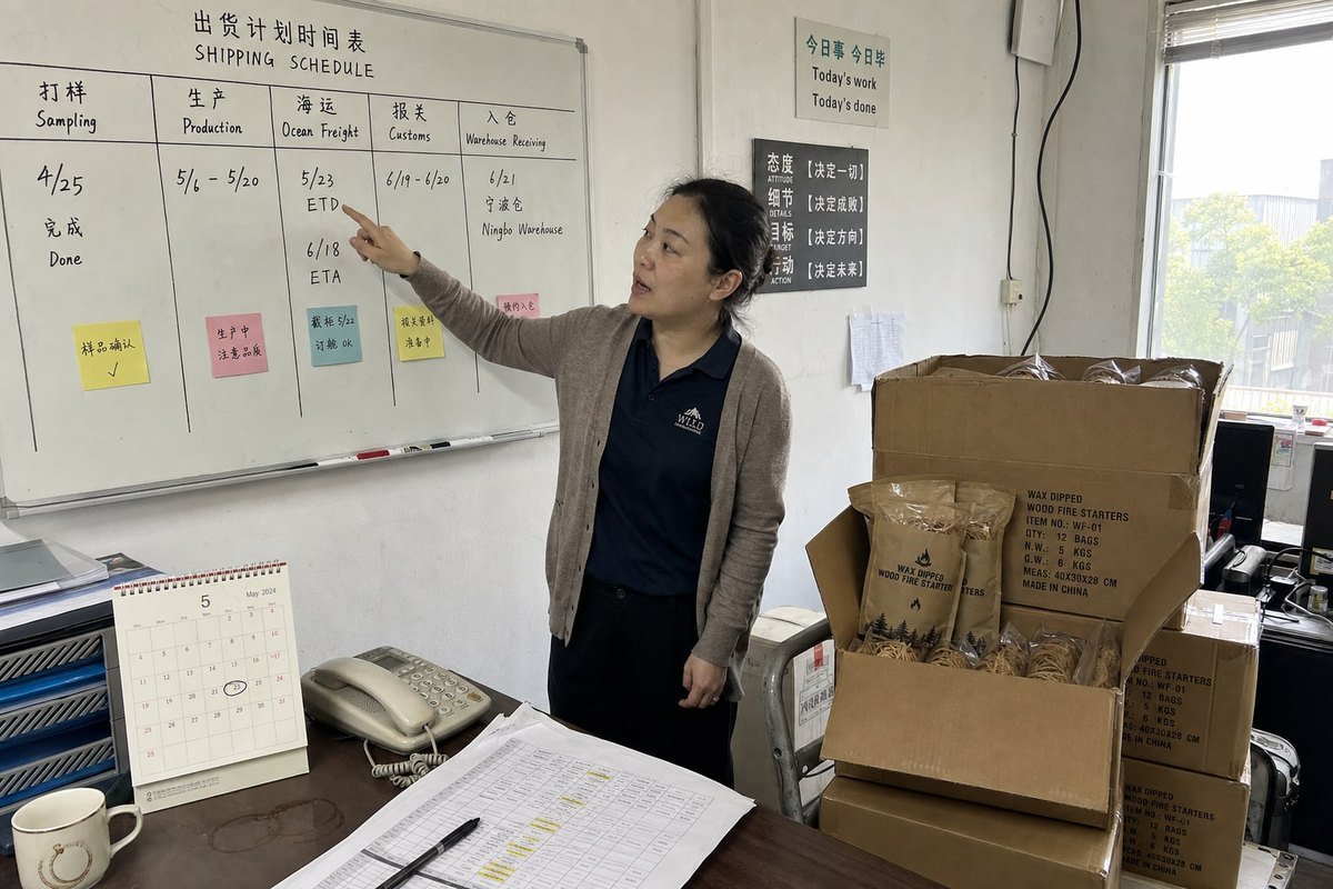 Shipment Lead Time Planning Lead time planning timeline for bulk wood fire starter shipments before summer season (ID#2)