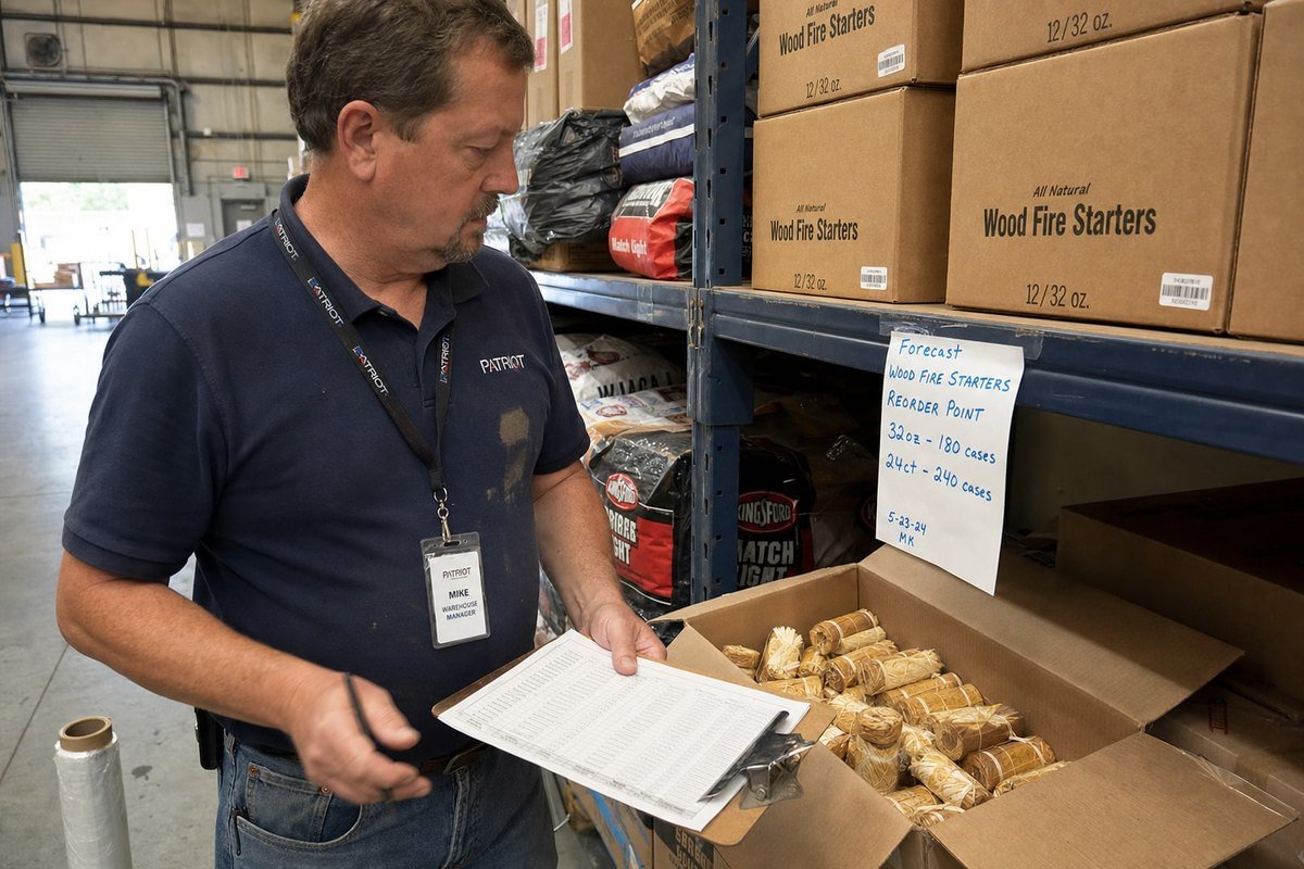 MOQ Reorder Strategy Staged MOQ and reorder strategy chart for wood fire starter inventory management (ID#3)