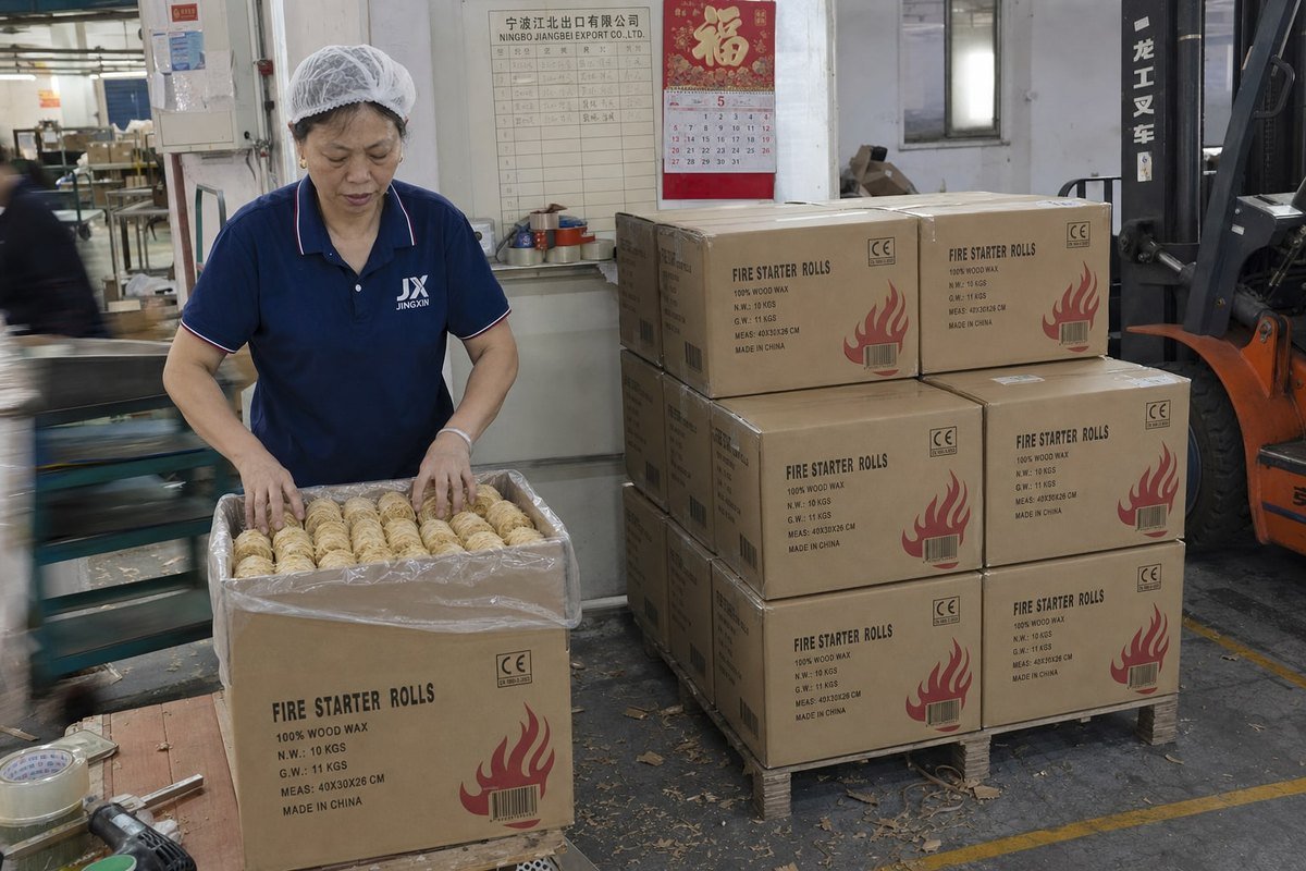 Export Packaging Solutions Export-ready wood fire starter packaging with moisture barriers and retail shelf display (ID#3)