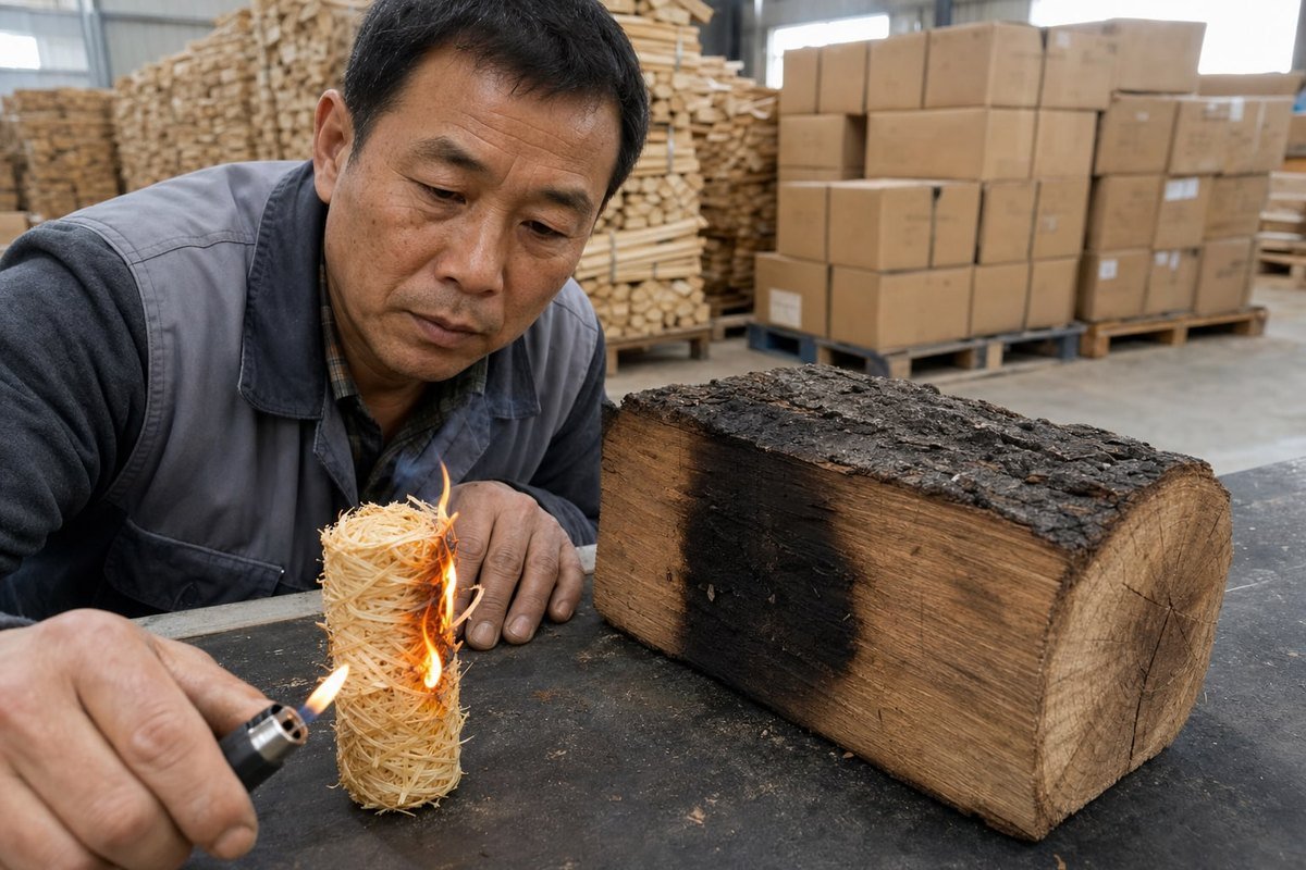 Fast Ignition Science Wax-coated wood wool fibers ignite instantly compared to slow-drying raw firewood (ID#2)
