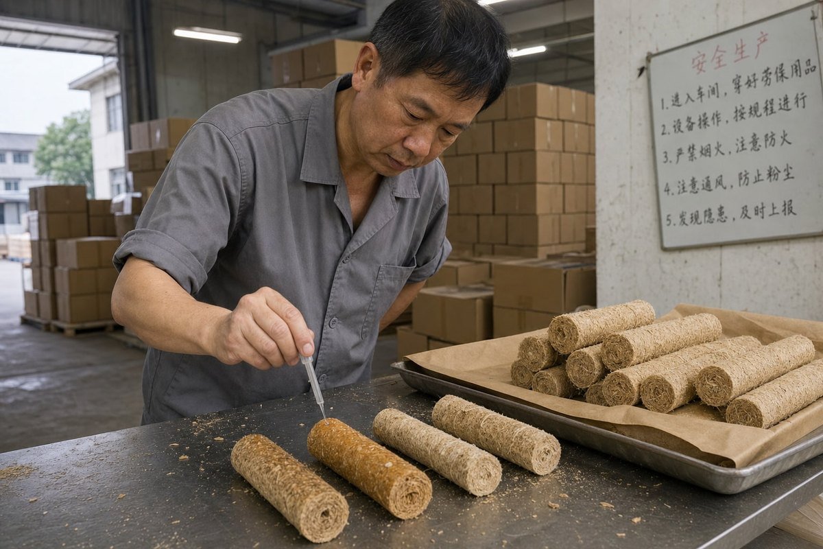 Checking firm texture and consistent weight before placing bulk fire starter orders (ID#4)
