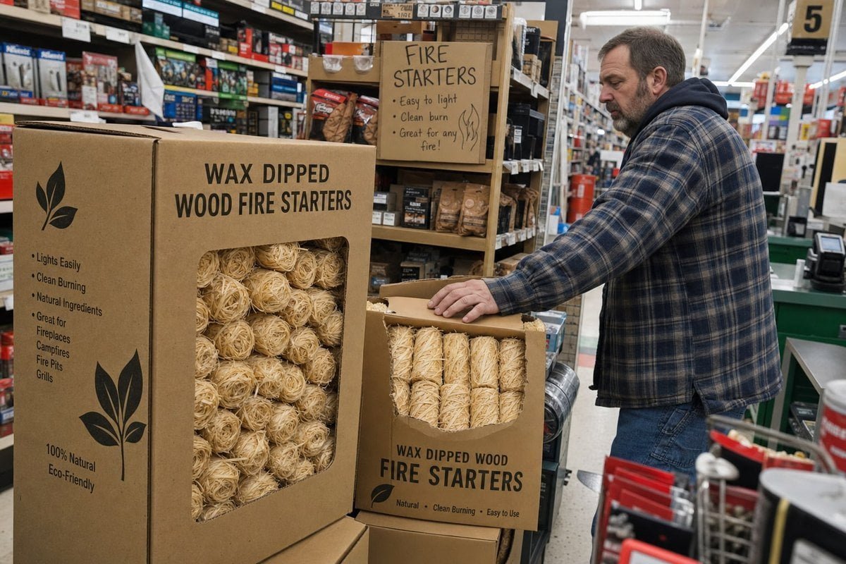 Shelf display and POP materials that boost wood fire starter retail sales performance (ID#1)