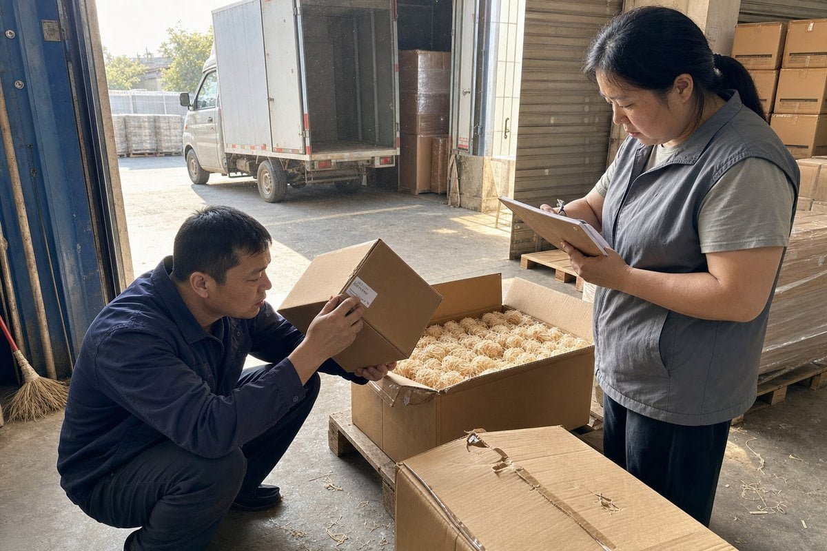 Lot Code Verification Warehouse worker verifying lot codes and labels on fire starter packaging (ID#2)