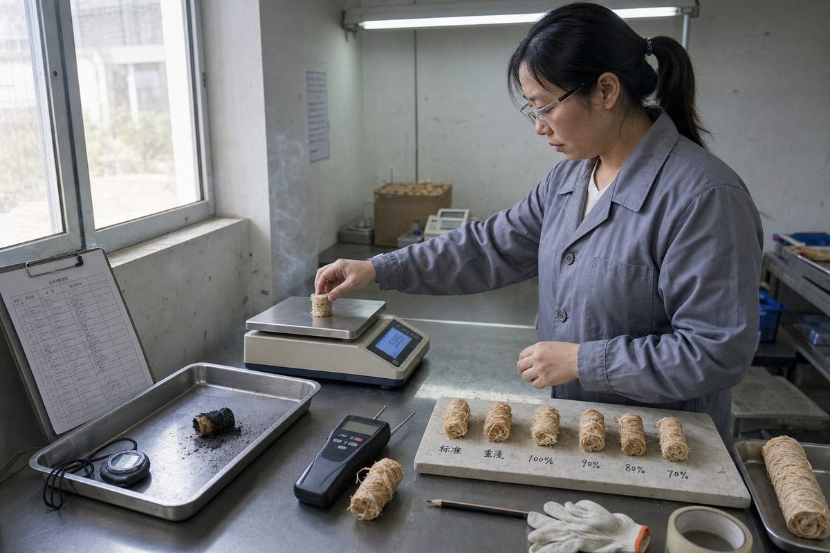 Burn Quality Checklist Quality checklist showing moisture content and wax coverage tests for fire starters (ID#3)