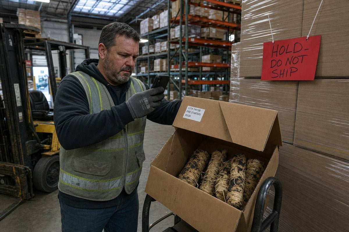 Handling store complaints about defective wood fire starters after warehouse receipt (ID#1)