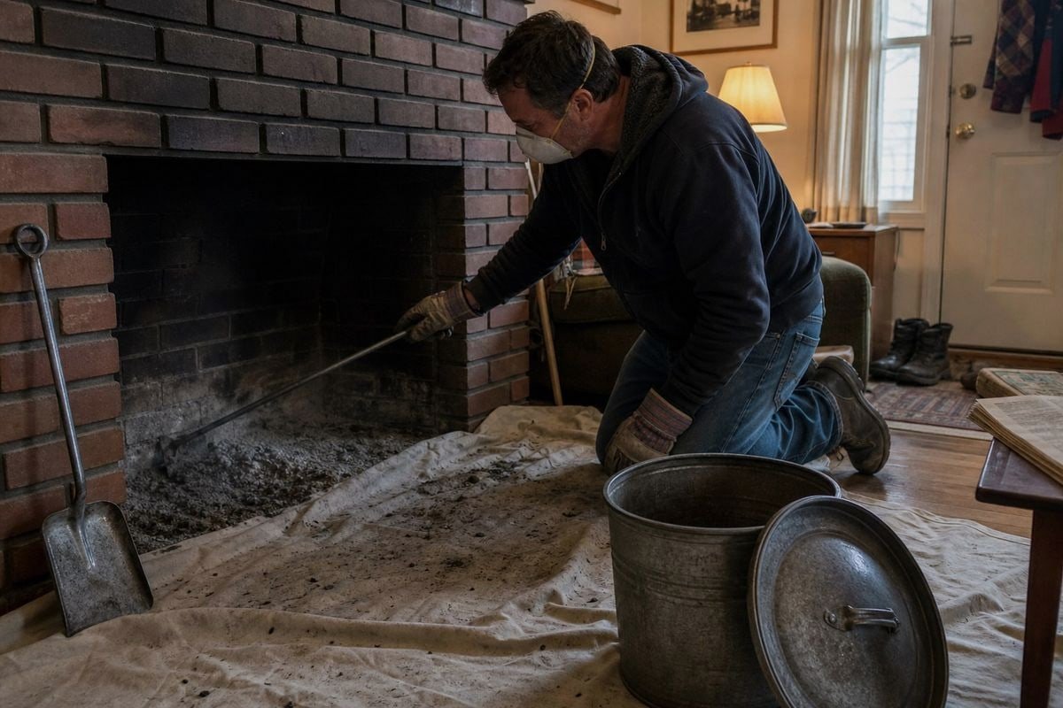 Safe Ash Removal Safely scooping cold fireplace ash into a metal bucket with lid (ID#2)