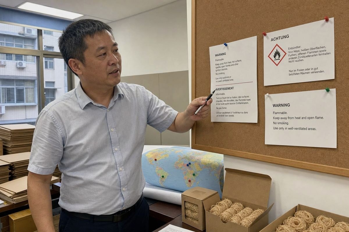 Compliance warning label requirements for wood fire starters across export markets (ID#2)