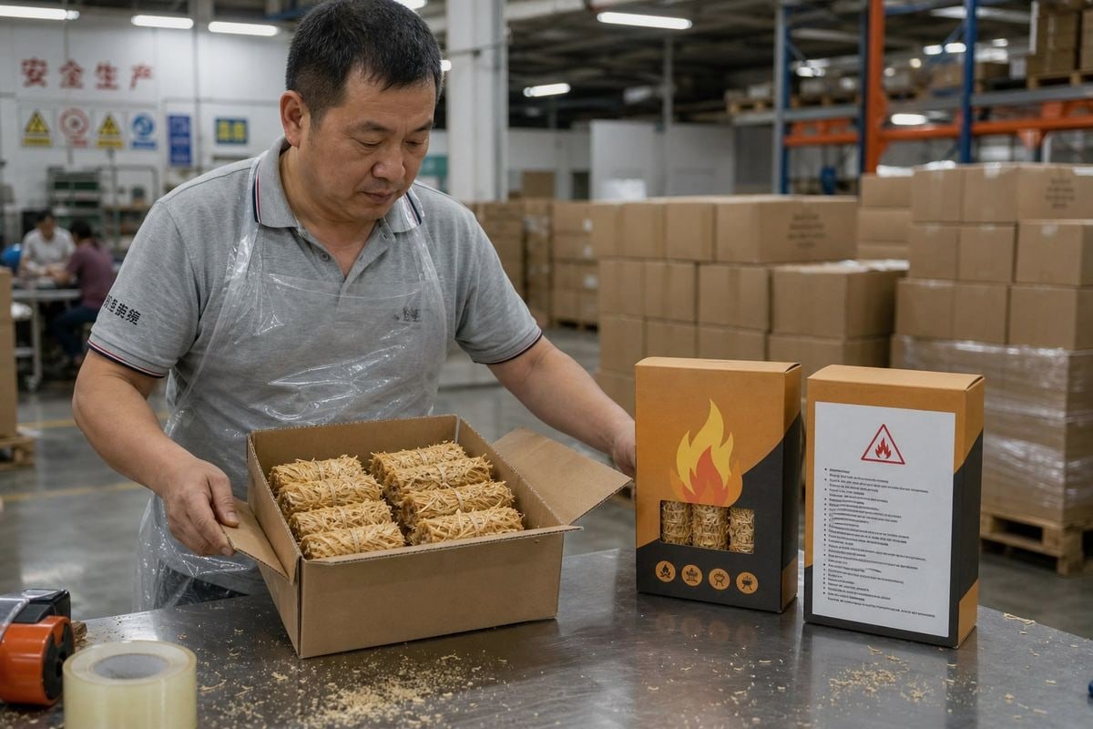 Wood fire starter packaging balancing brand visuals and safety labels (ID#1)