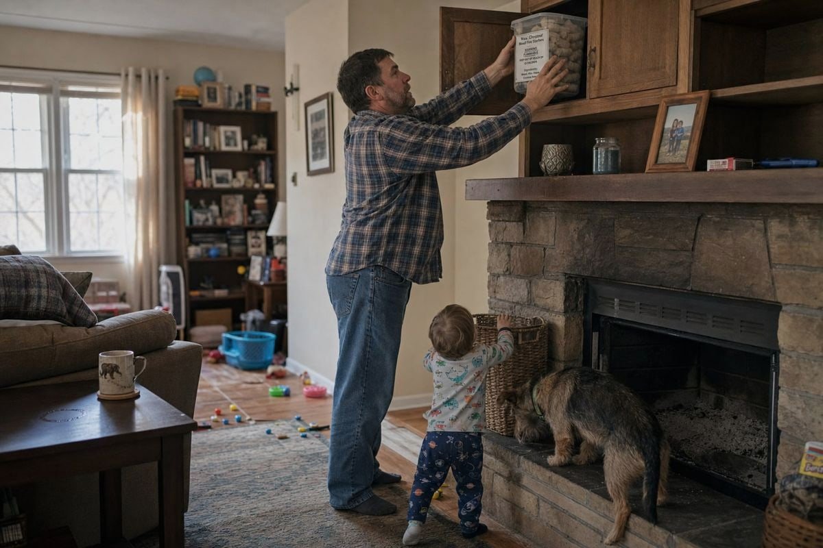 Safe storage guide for wood fire starters around children and pets at home (ID#1)