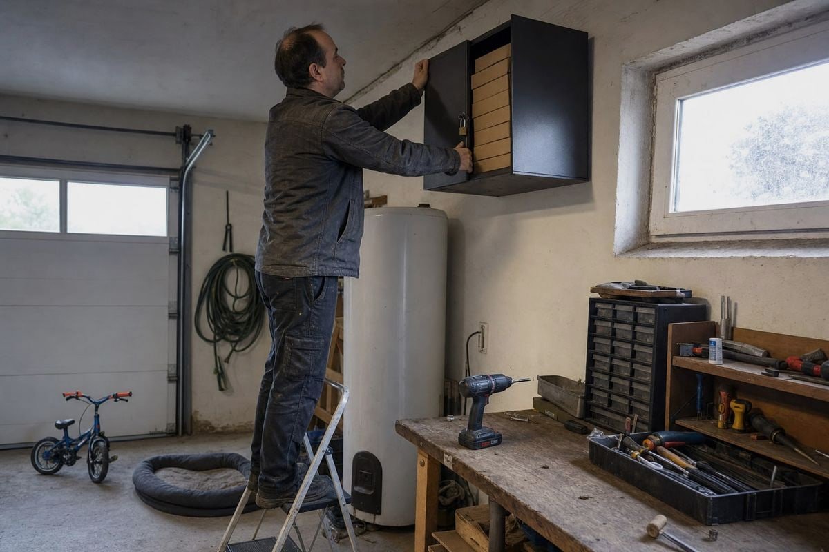 Locked cabinet placed high in a cool dry room away from heat sources for fire starters (ID#3)