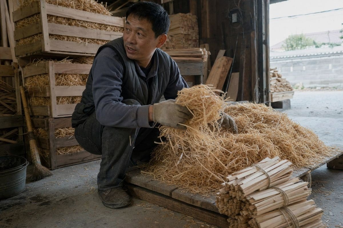 Subproductos de aserradero y cera de origen vegetal utilizados para fabricar iniciadores de fuego de madera renovables (ID#2)