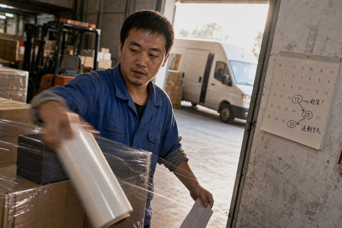 Timeline showing production, shipping, and customs lead times for custom display materials (ID#3)