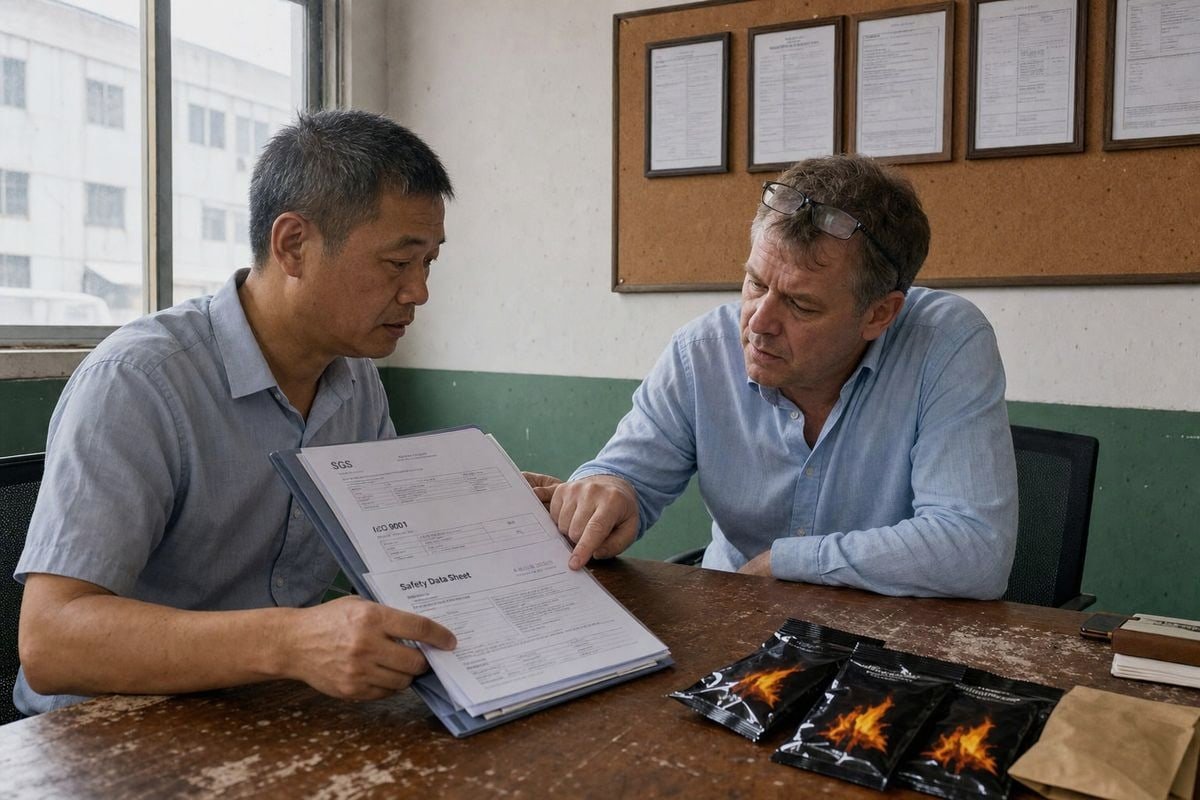 Vérifications de la certification de conformité Packaging certifications like CE, SDS, ISO 9001 confirming magic fire powder compliance (ID#2)
