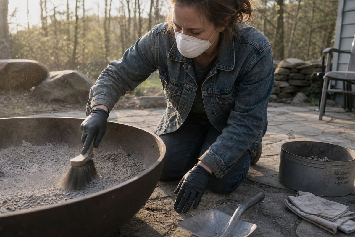 Safe dry-first method for removing ash from color-flame packets using gloves and mask (ID#2)
