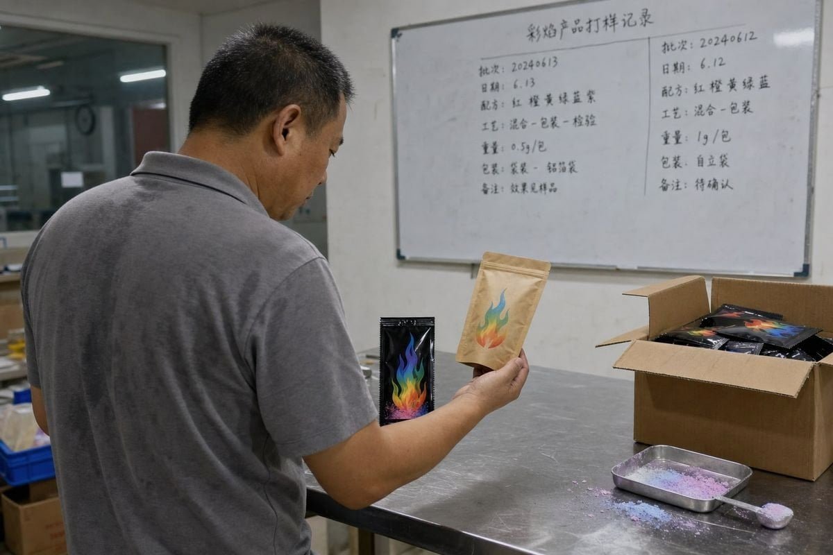 Choosing between promotional and household packaging for magic fire color powder stock (ID#1)