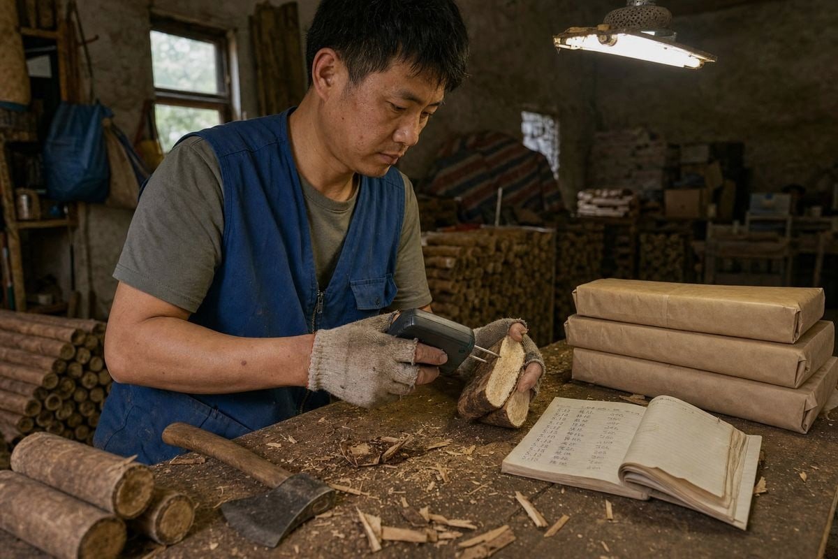Moisture Testing Methods Calibrated moisture meter testing freshly split wood fire starter samples for accuracy (ID#2)