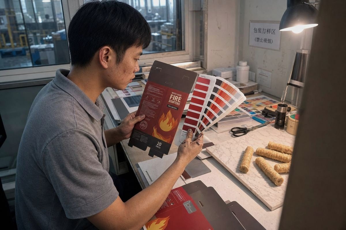 Custom printed packaging with Pantone color matching and logo placement for branded fire starters (ID#3)