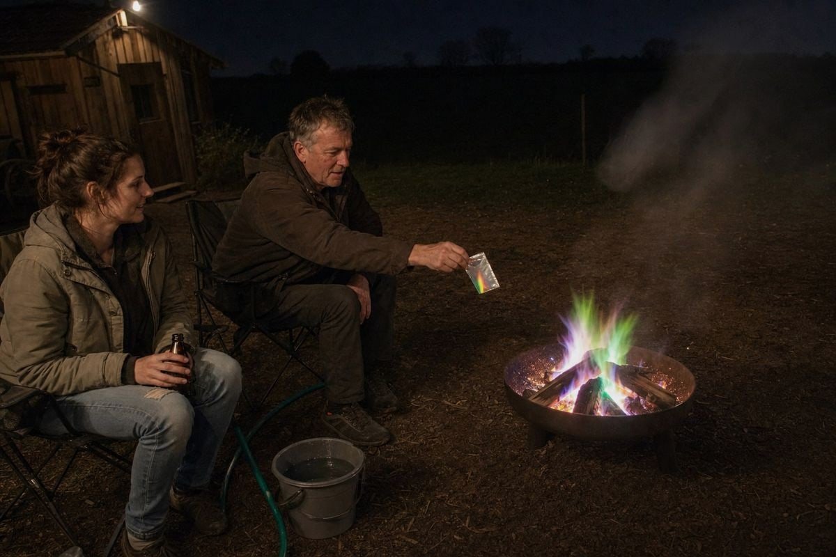 Outdoor Fire Pit Precautions Checking wind direction and clearing vegetation before burning magic fire powder outdoors (ID#3)