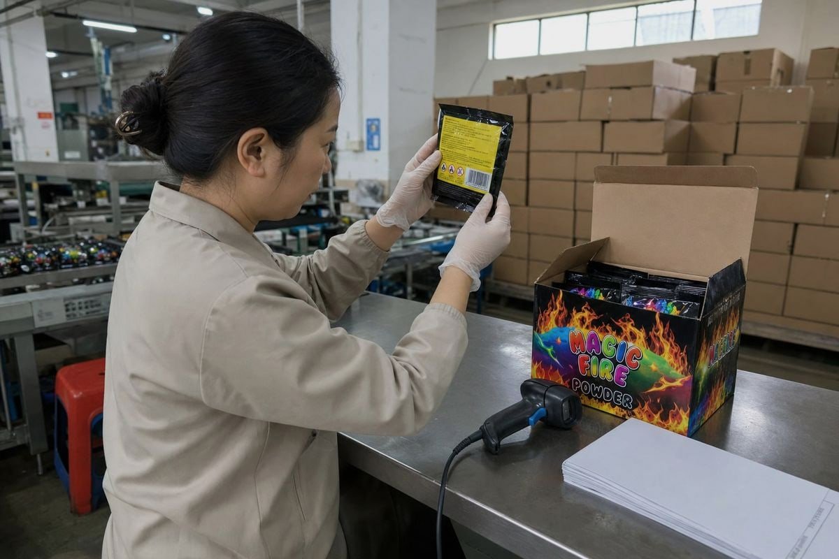 Safety Labeling Compliance Compliance labeling with warnings, CE marking, and barcodes for magic fire powder (ID#3)