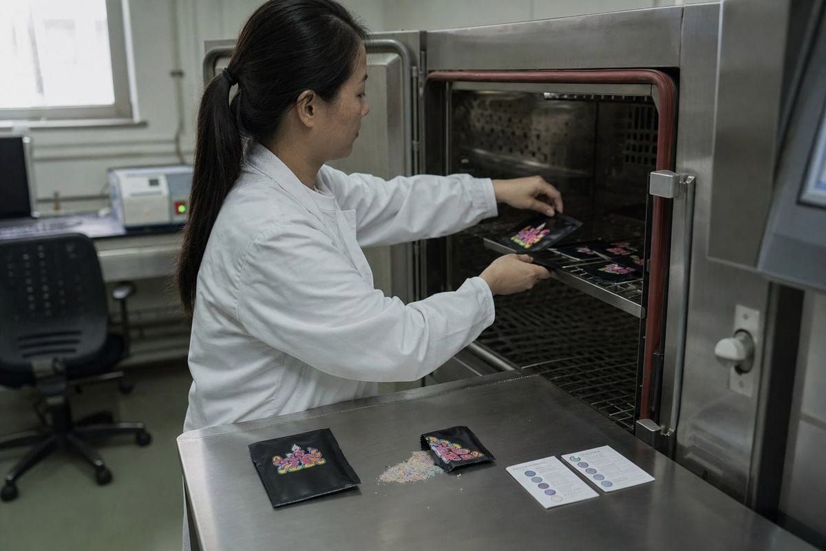 Sample Bag Testing Testing sample bags with vacuum leak and humidity checks before bulk shipping orders (ID#3)