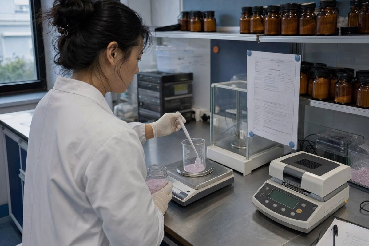 Inspector testing chemical composition and packaging compliance for Magic Fire Powder safety (ID#3)