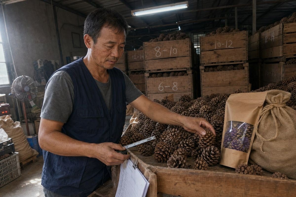 Size and Packaging Requirements Size range and packaging specifications for bulk colored pine cone orders shown clearly (ID#3)