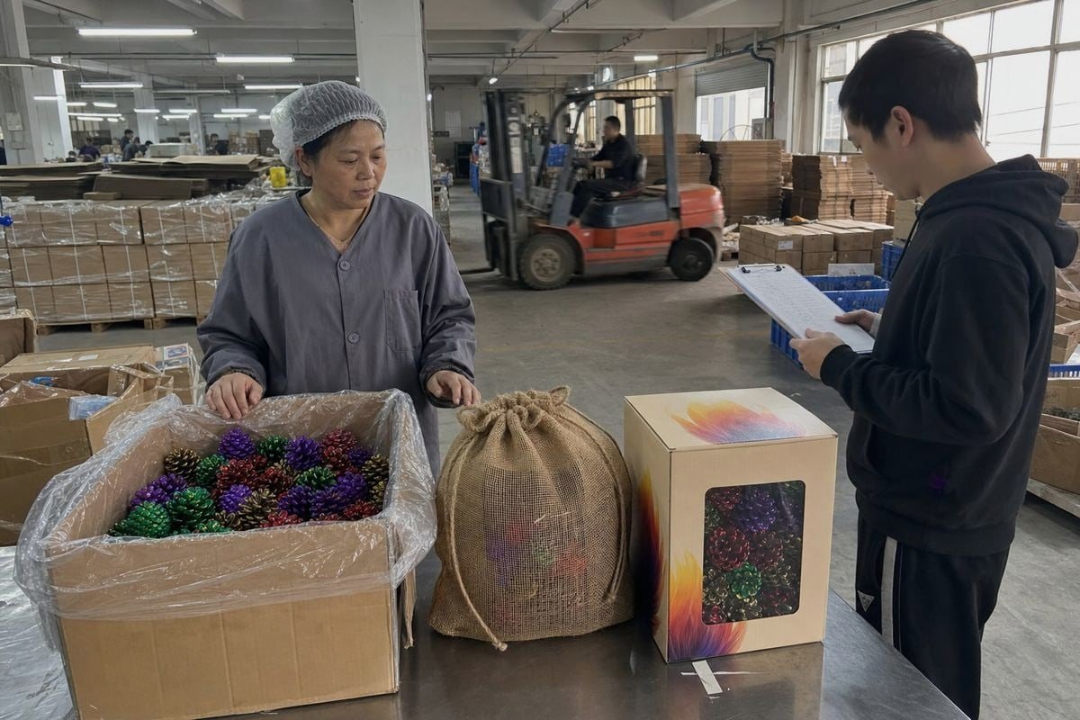 Comparing bulk, mesh, and color box packaging options for fireplace colored pine cones (ID#1)
