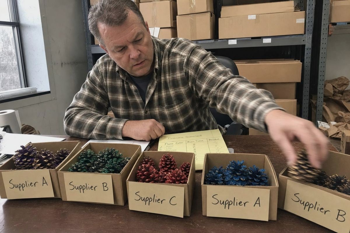 Comparing colored pine cone samples from multiple suppliers for fireplace use (ID#1)