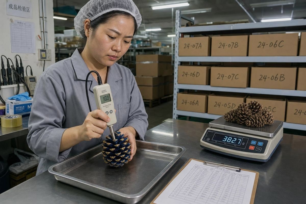 Batch Consistency Standards Written tolerance-based specs ensure batch consistency in colored pine cone production (ID#2)