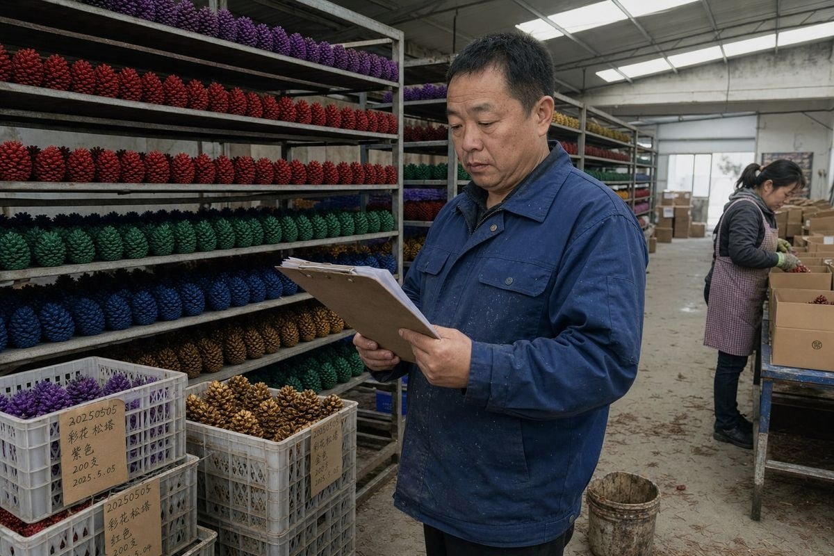 Tracking production progress to detect delays when sourcing colored fireplace pine cones (ID#1)