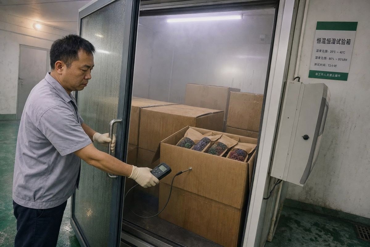 Combined humidity, compression, drop, and vibration tests ensure cartons survive ocean freight (ID#3)