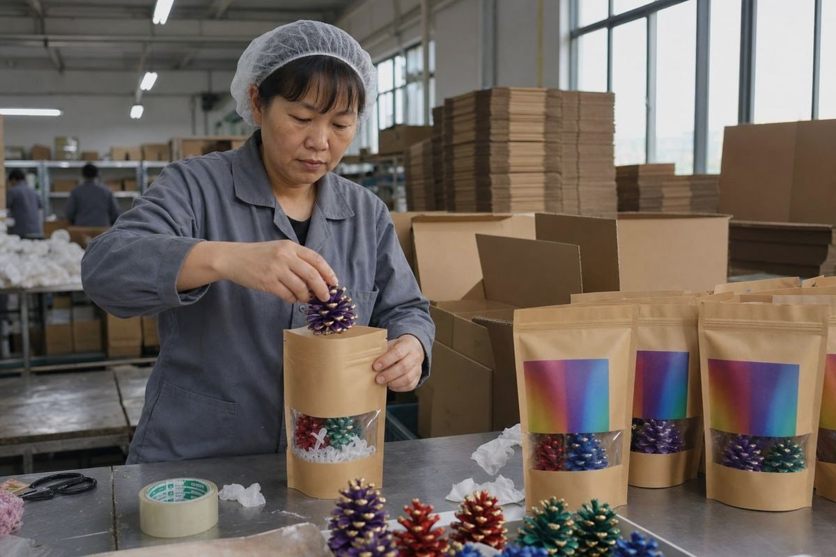 Retail packaging design guide for colored pine cones ensuring display appeal and shipping safety (ID#1)